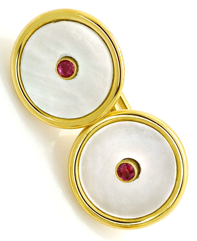 Foto 2 - Manschettenknöpfe antik Perlmutt und Rubine in Gelbgold, S9701